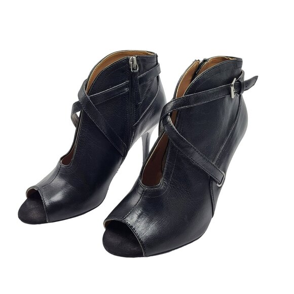 Nine West Gaige Open Toe Black Leather Heeled Bootie Women Size 7.5 Side Zip - Picture 3 of 11